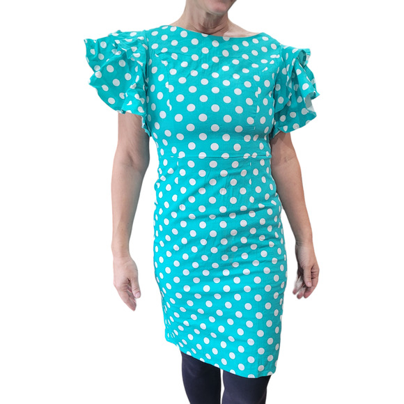 NWT Sisjuly Aqua Polka Dot Ruffle Trumpet Mermaid Dress L Coquette Retro Wiggle - Picture 8 of 9